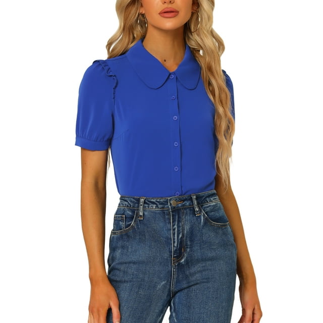 INSPIRE CHIC Chemise à Col pour Femme Col Peter Pan Manches Courtes Boutonnée devant Chemises L Bleu Royal
