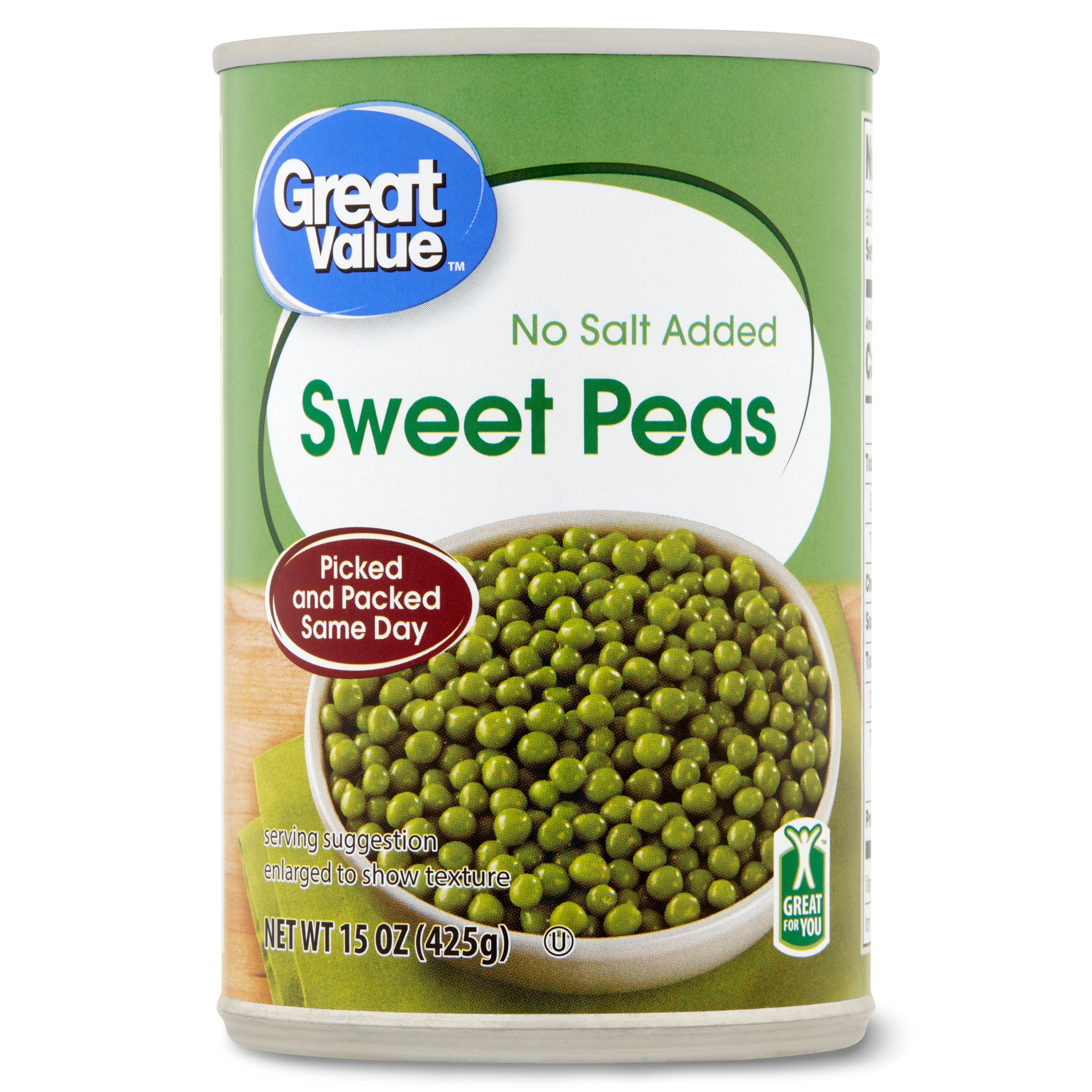 Great Value No Salt Added Sweet Peas, 15 oz Can