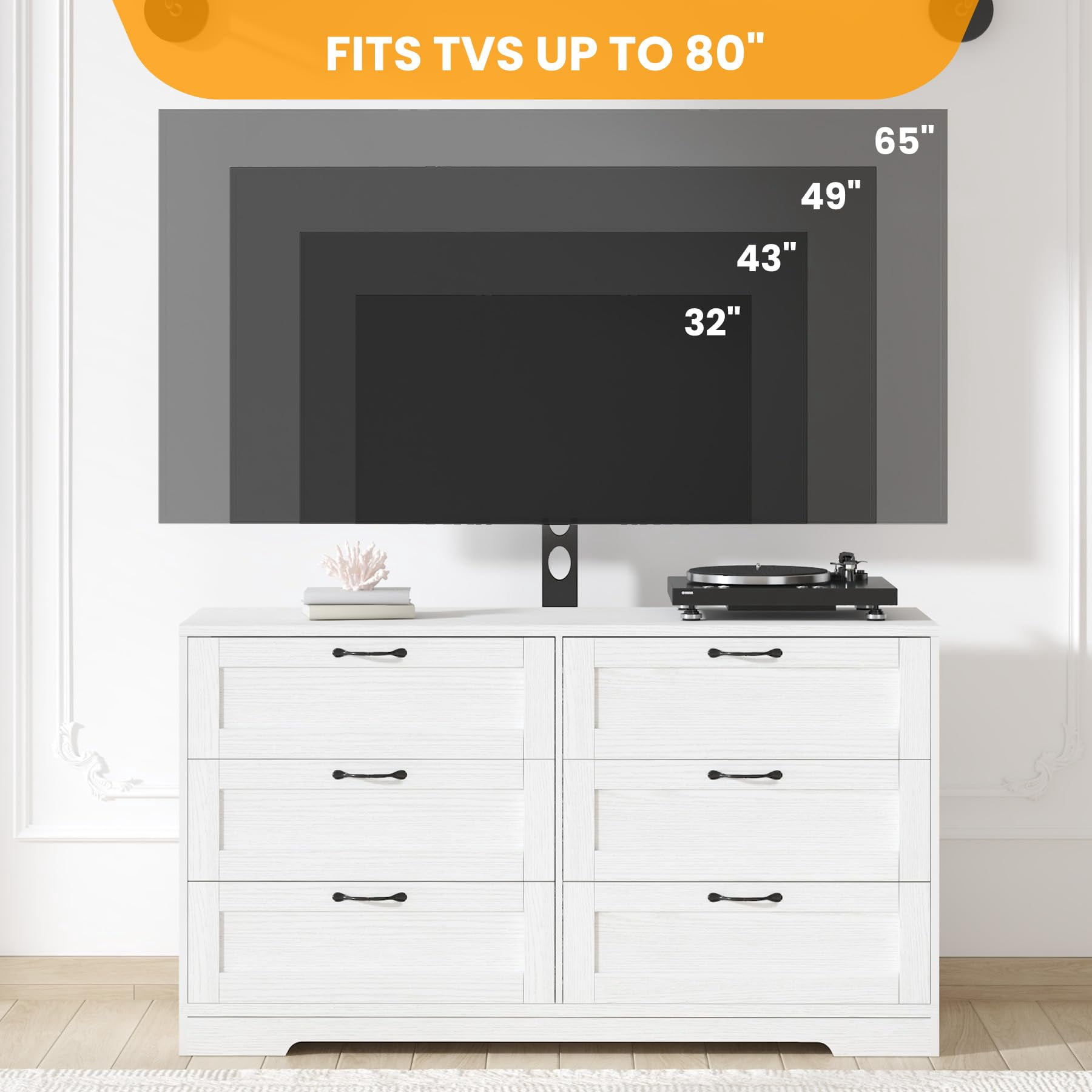 Garvee TV Stand with Mount and 6 Drawers Storage for 32/45/55/65/75/80 Inch TVs, White Entertainment Center for Bedroom, Living Room, Wood Media Console Tables,  TV Stand w/ Height Adjustable Mount