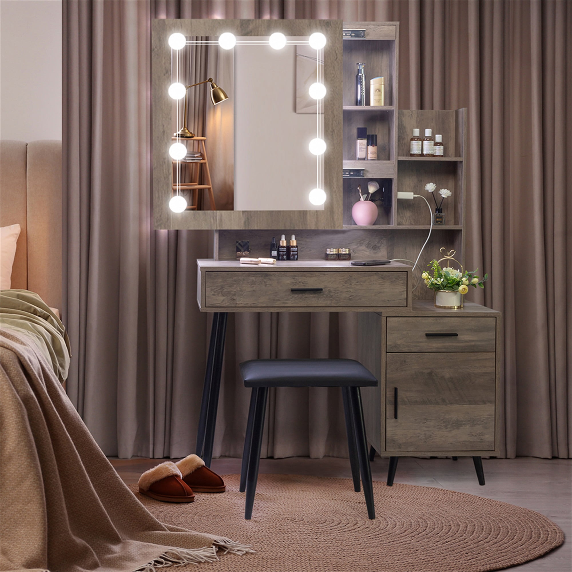 Kadyn Vanity Table and Chair Set, Make Up Vanity Desk with 2 Pumps 2 Shelves, Dressing Table Set, Brown