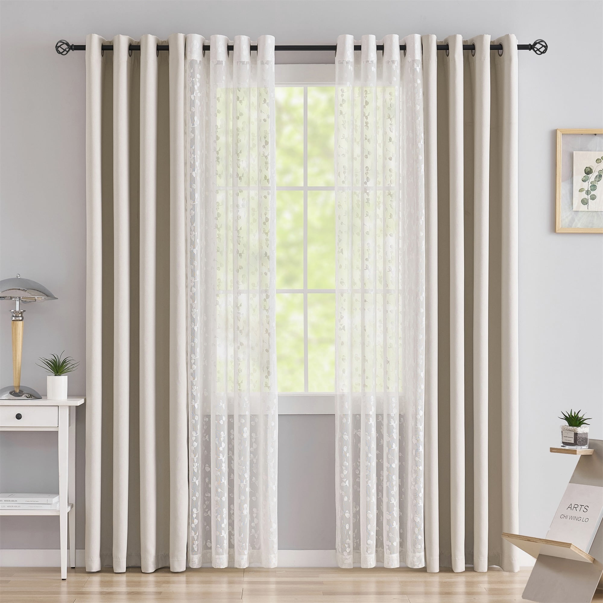 Flowpartex Beige White Mix Matched Full Blackout Curtains with Lace Leaf Sheer 4 Window Sheer Panels for Modern Bedroon Living Room Decor, 52" W x 95" L