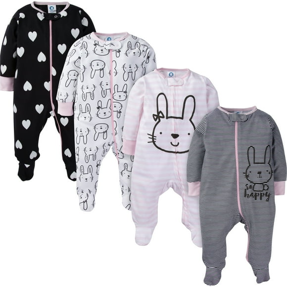 Gerber Pyjama une-Pièce à Pieds Sleep 'N Play pour Bébés Filles, Lot de 4, Lapin Souriant, Prématuré