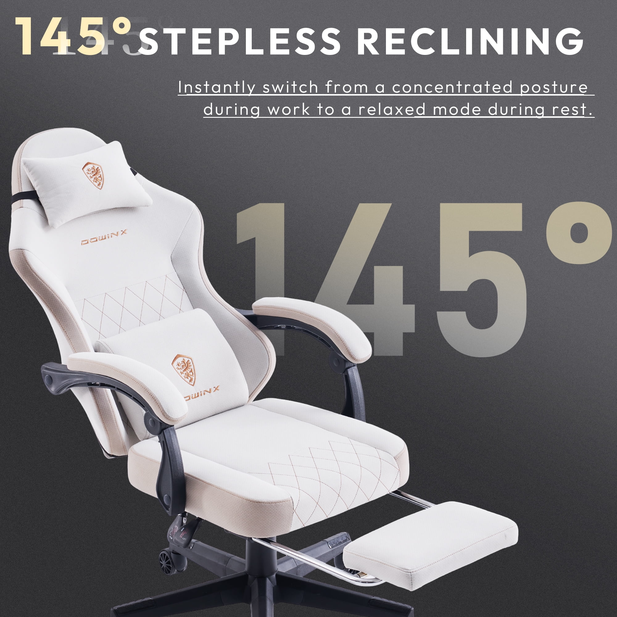 Dowinx Fabric Gaming Chair with Massage Lumbar Support, High Back Ergonomic Computer Chair with Footrest for Adult, Beige