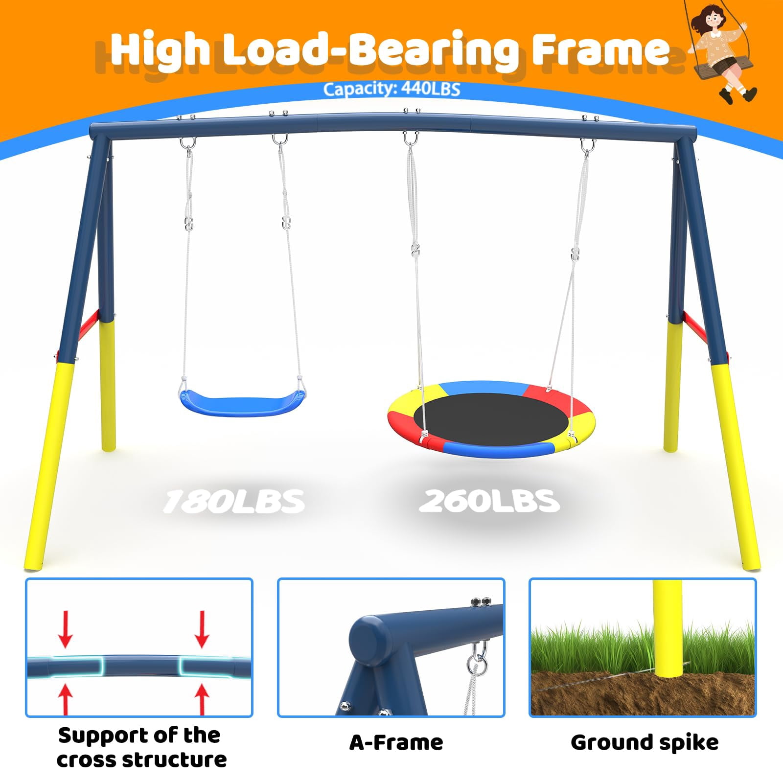 Swing Sets for Outside Backyard, Metal Toddler Swing with Heavy-Duty A-Frame, Outdoor Swing Stand with 1 Saucer Swing Seat & 1 Belt Swings Seat, 440LBS, Blue