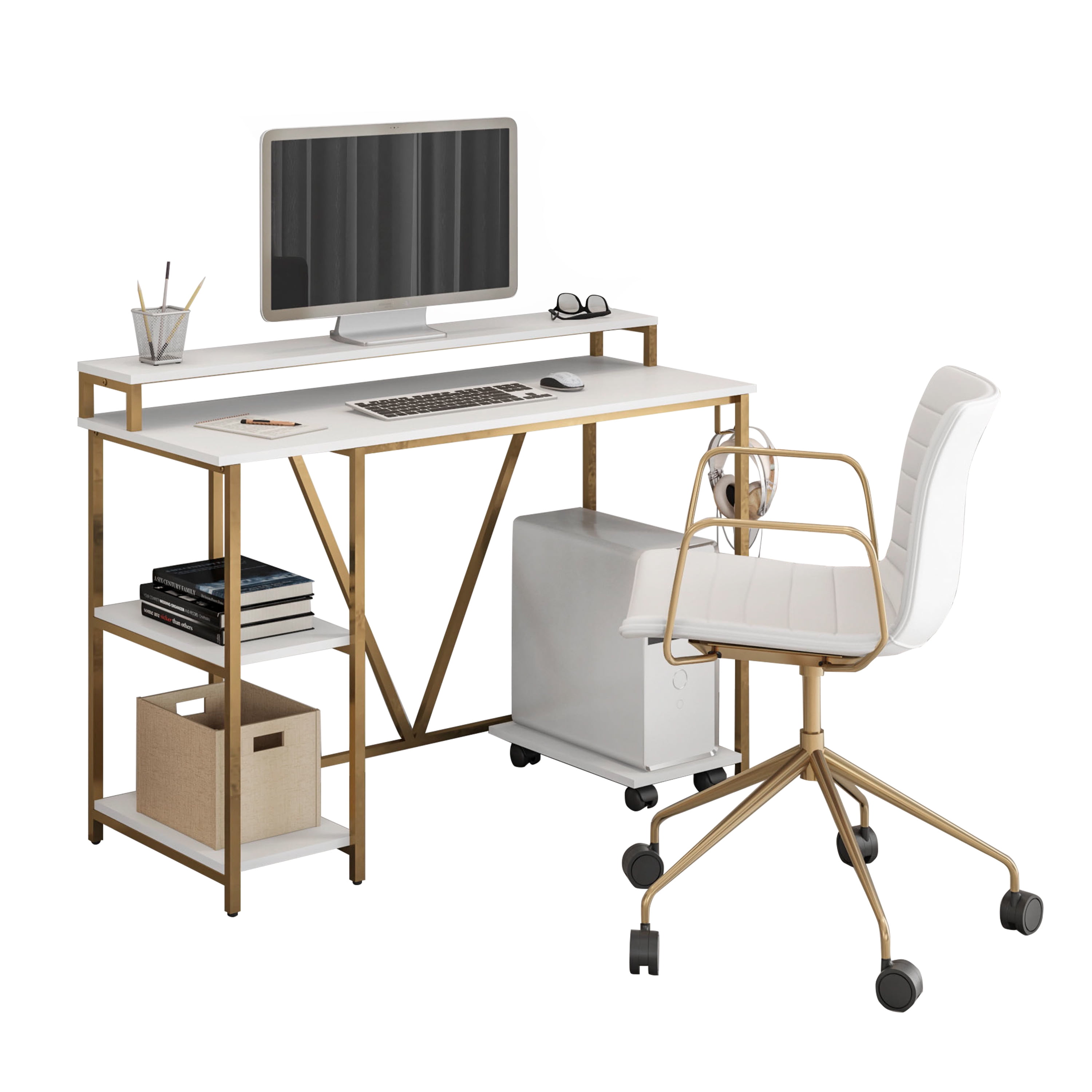 Industrial Writing Desk, White Wood Grain Engineered Wood Workstation with 2-Tier Monitor Shelf, Side Open Storage, Headphone Hook & Mobile CPU Caddy for Home Office