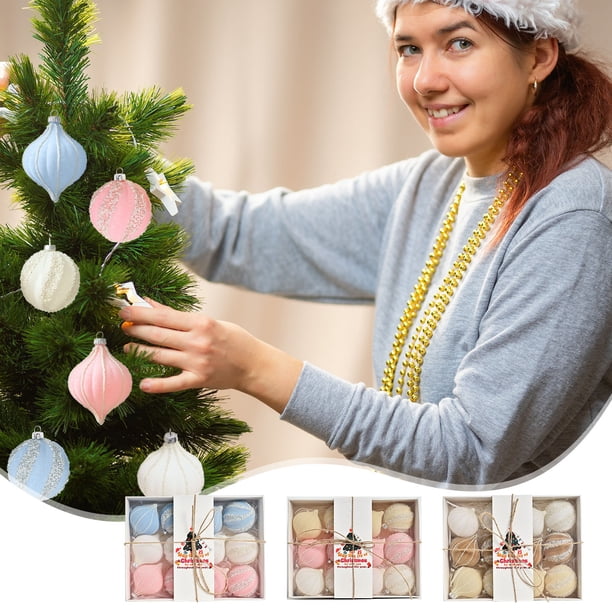 Bolas Navideñas Flocadas Paquete de 12 adornos navideños pintados a mano de 6 cm, multicolor, de plástico flocado, para árbol de Navidad JASKFLY