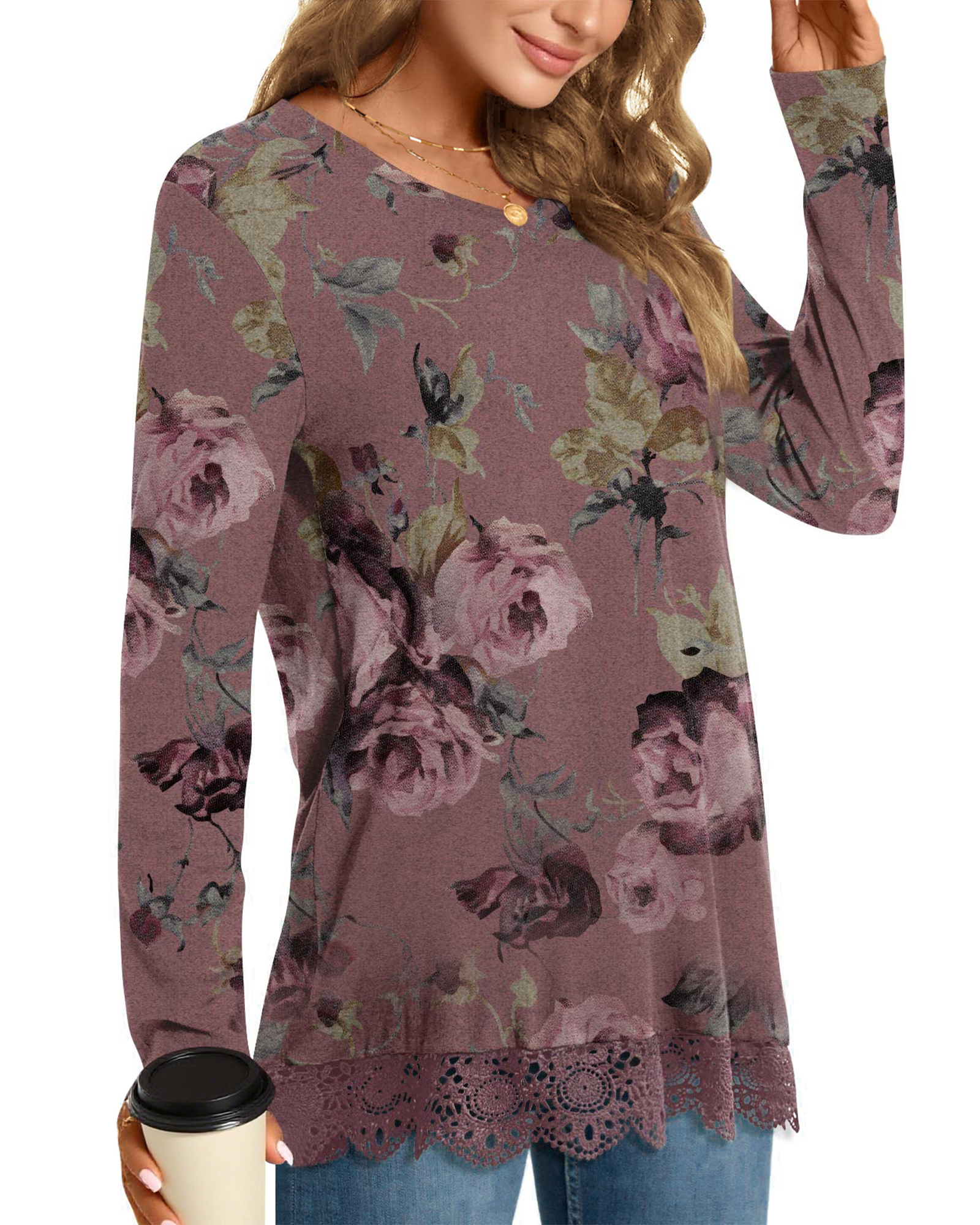 UVN Women's Long Sleeve V-Neck Lace Trim Tunic photo 2