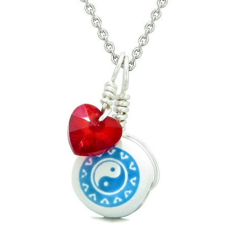 Lucky Ying Yang Balance - Handcrafted Cute Ceramic Lucky Charm Aqua Yin Yang Red Heart Balance Amulet Pendant 22 Inch Necklace
