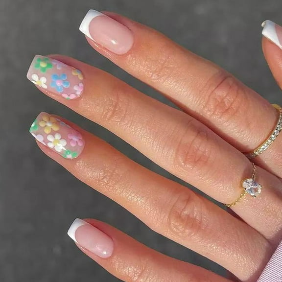 24 Pcs Flowers on Nails French Tip Artificial Nails Short Square False Nails Glossy Press On Nails for Woman