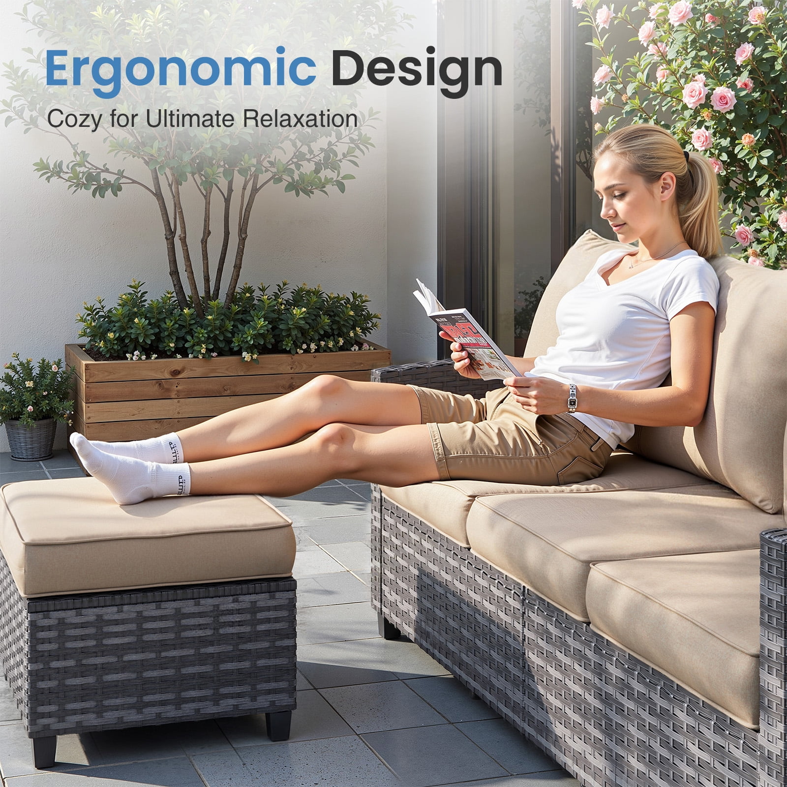 ELPOSUN 7 Pieces Outdoor Patio Furniture Set with Fire Pit Table, Outdoor Wicker Sectional Patio Conversation Set with Ottoman for Garden, Poolside, Backyard, Khaki Cushion