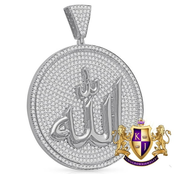 Big XL 3'' Real White Gold On Sterling Silver Allah God Muslim Islamic Mens Pendant Simulated Diamond Medallion Charm