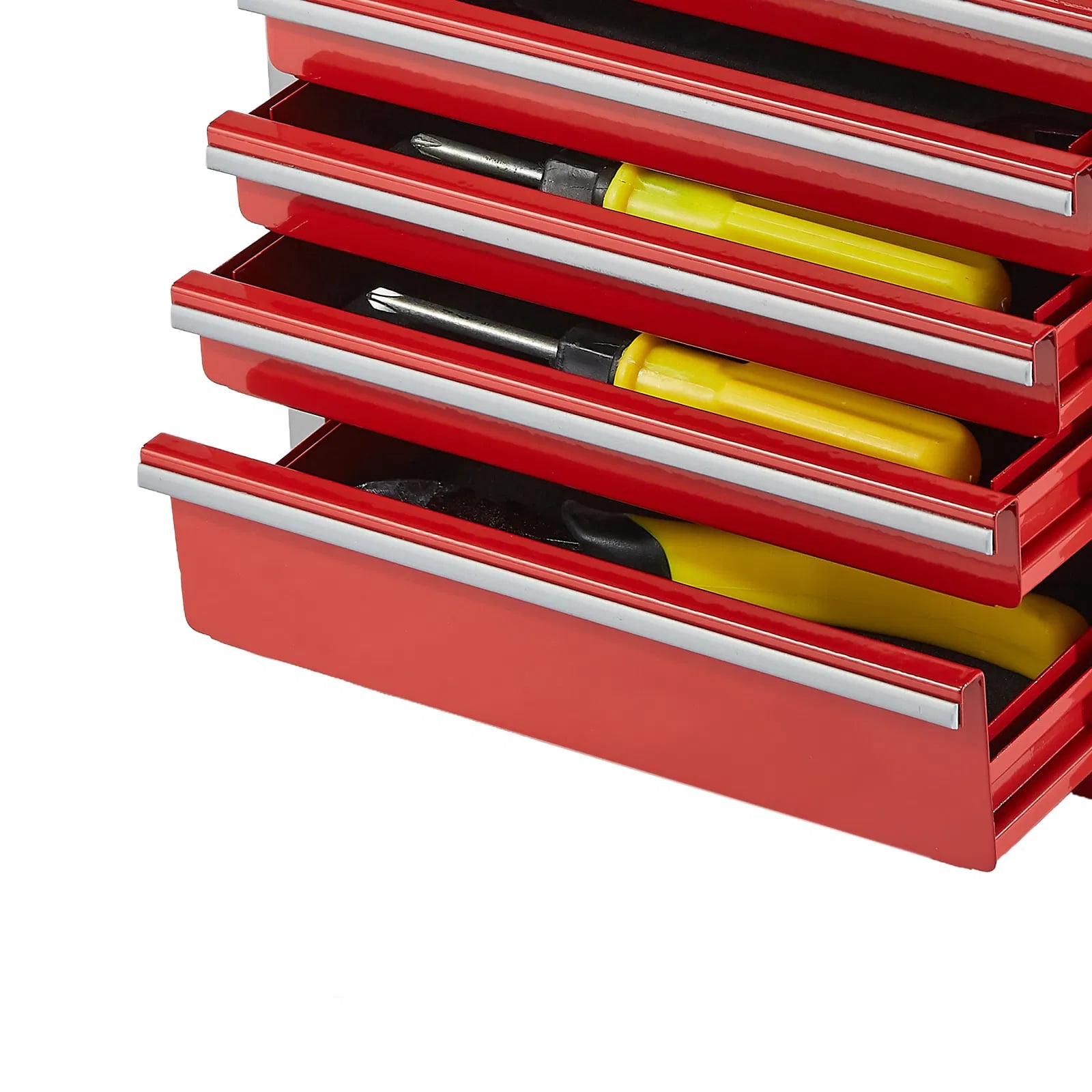 Metal Tool Box, 8.6-inch, Portable Metal Tool Box with 5 Drawers, Small Tool Chest with EVA Liners and PP Feet Pads, Heavy-Duty Steel With Ball Bearing Opening and Powder Coated Finish, Red