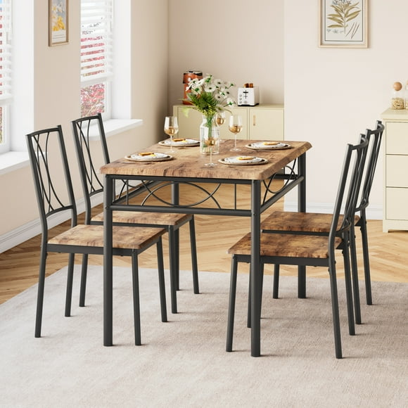 ChaoLink Juego de mesa y sillas para cocina y comedor para 5 personas, mesa y 4 sillas de metal y madera, color marrón rústico