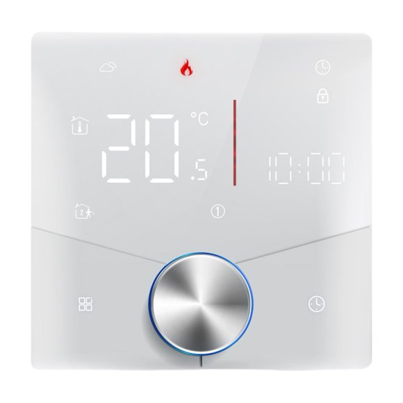 Wireless Matter Thermostat for House Electric Floor Heating with APP and Voice Assistant Control Colorful LED Digital Touch Screen Adjustable Knob Precise Temperature Control Wall