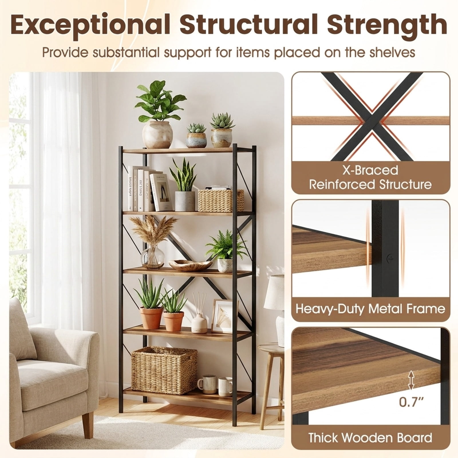 Furnibear 5-Tier Tall Bookshelf Industrial Bookcase with Heavy-Duty Metal Frame Modern Storage for Living Room Home Office Bedroom Display, Walnut