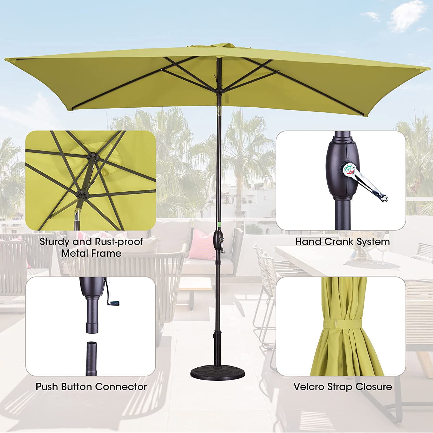 Royalcraft 6.5 x 10 Ft Rectangular Patio Umbrella, Outdoor Table Market Umbrella with Crank, 6 Steel Ribs, Polyester Canopy, Lime Green