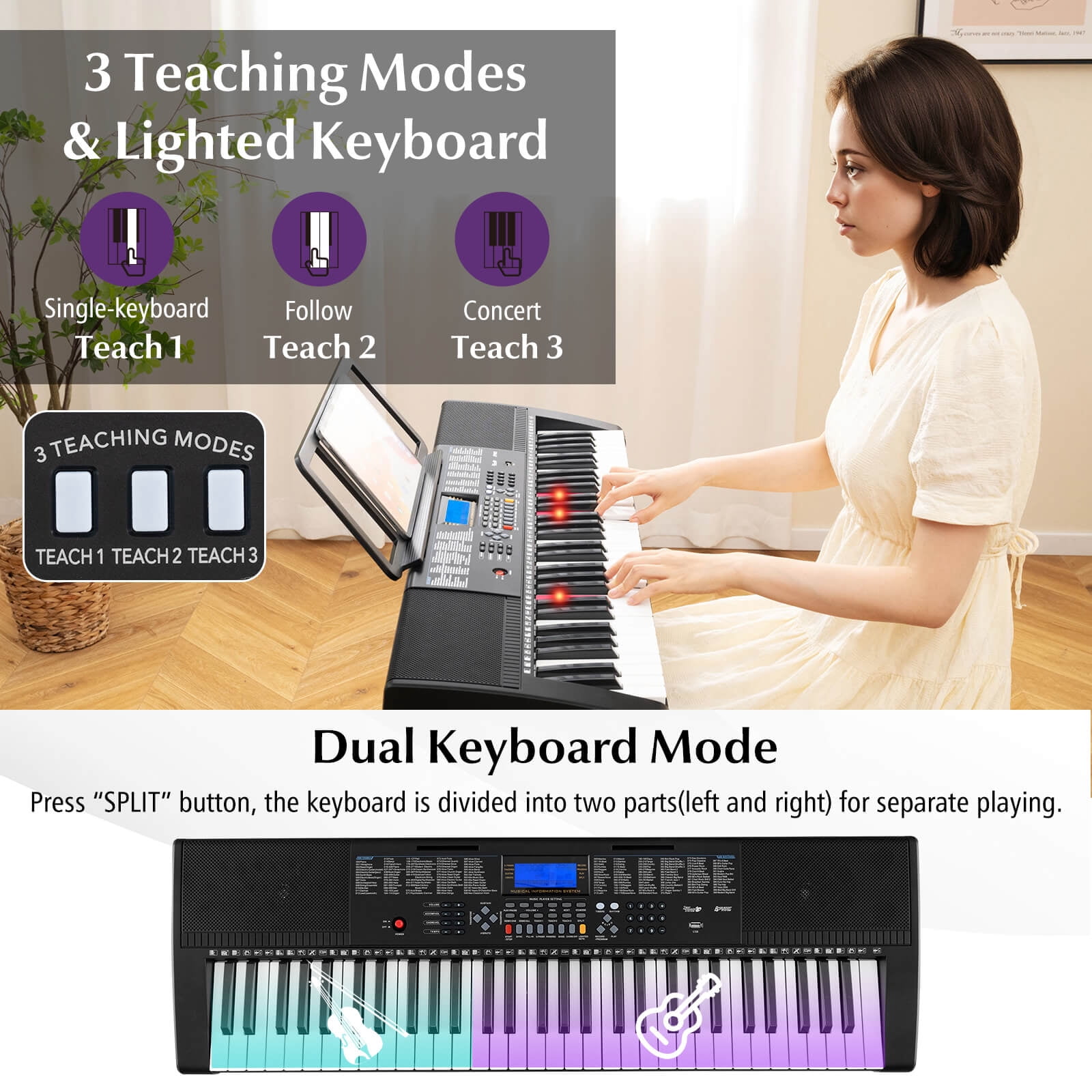 Infans 61-Key Electronic Keyboard Piano w/Lighted Keys Stand Bench Headphone