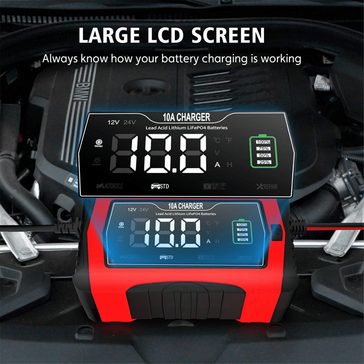 10A Automatic Charging for Lithium LiFePO4 GEL Lead-Acid Batteries 12V 24V Charger Car Battery Charger(US)