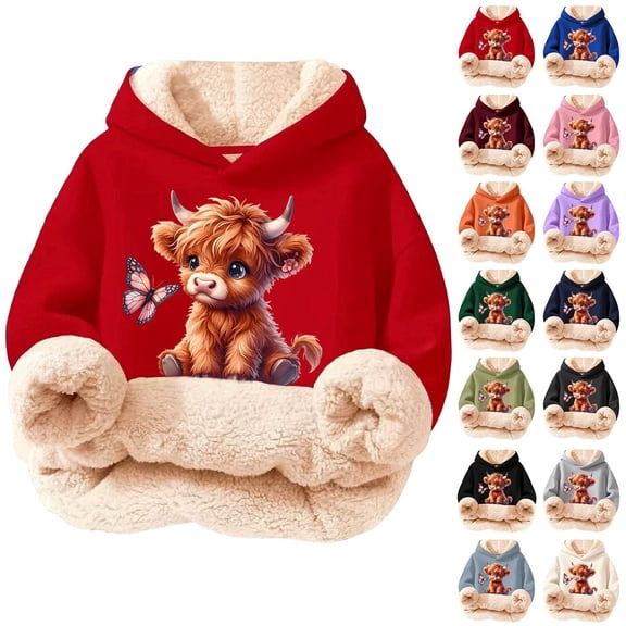 MAIHAN-Highland Cow Christmas Sweatshirts-Cozy Fleece Hooded Pullover with Cow Print Design,Soft Warm Winter Kids Top,Cute Highland Cow Hoodie & Sweater for Holiday Season(A-Beige,3-4Years)