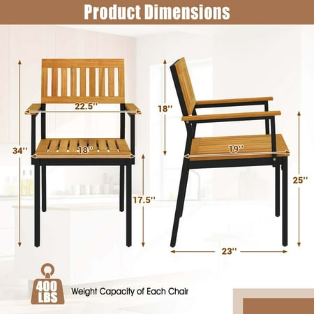 Costway Dining Chair Set of 2 with Acacia Wood Backrest Slanted Seat Comfortable Armrests - Natural + Black