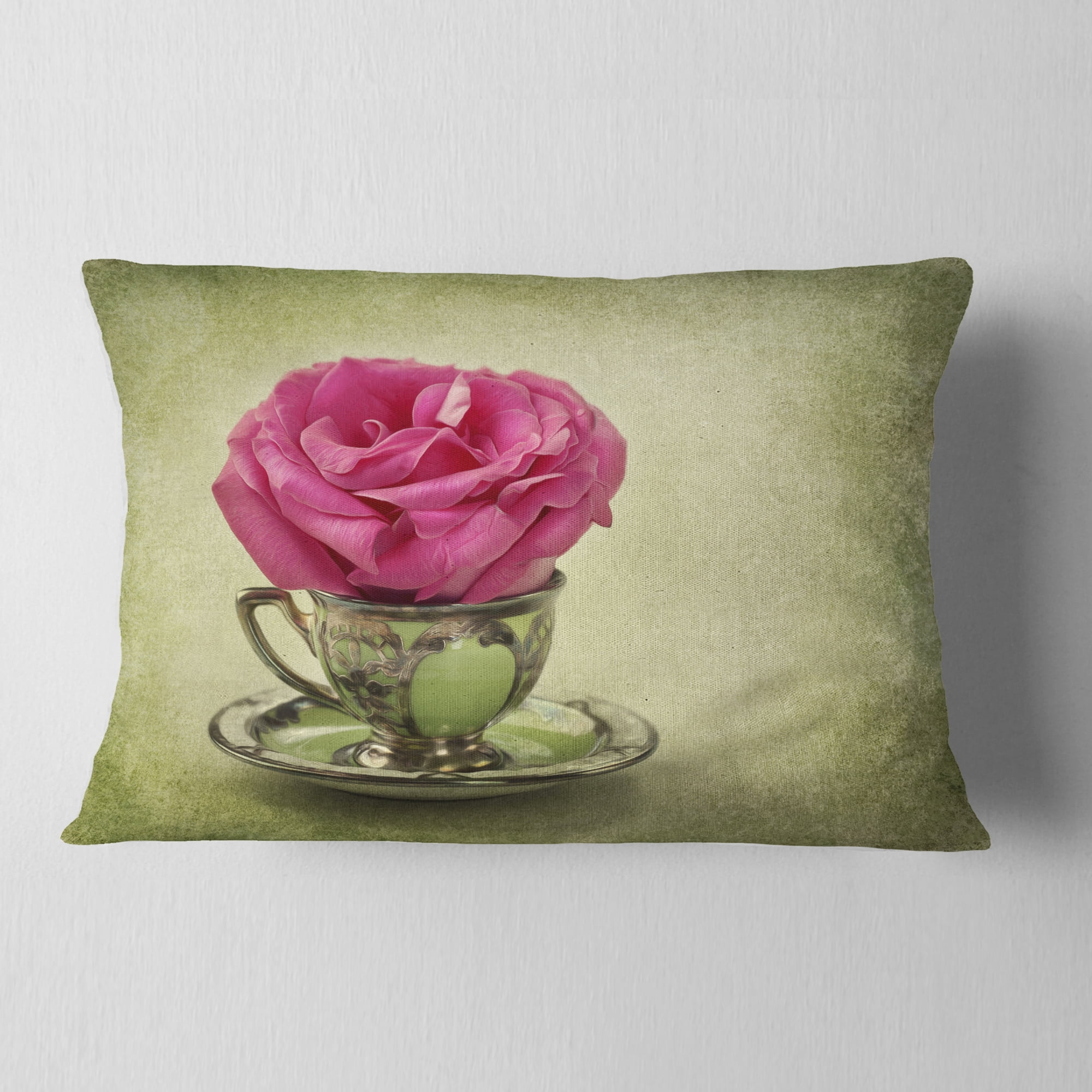 Designart Red Rose in Cup and Saucer - Floral Throw Pillow - 12x20