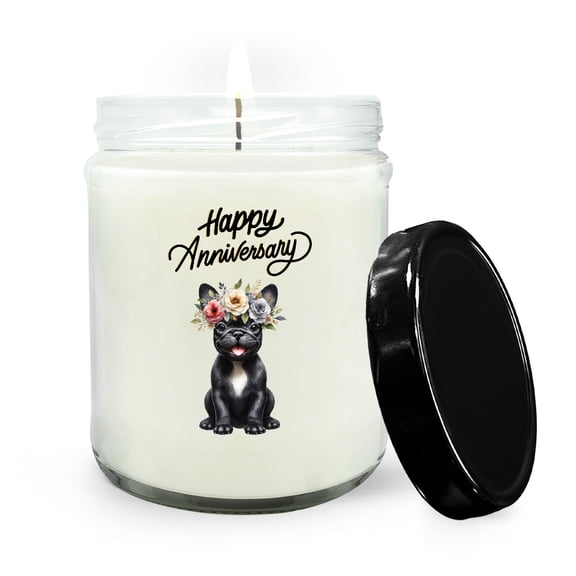 Happy Anniversary French Bulldog Celebrates Wedding Love Family Party Soy Wax Candle Dog Lover Gifts 16oz White Vanilla Candle - 01015