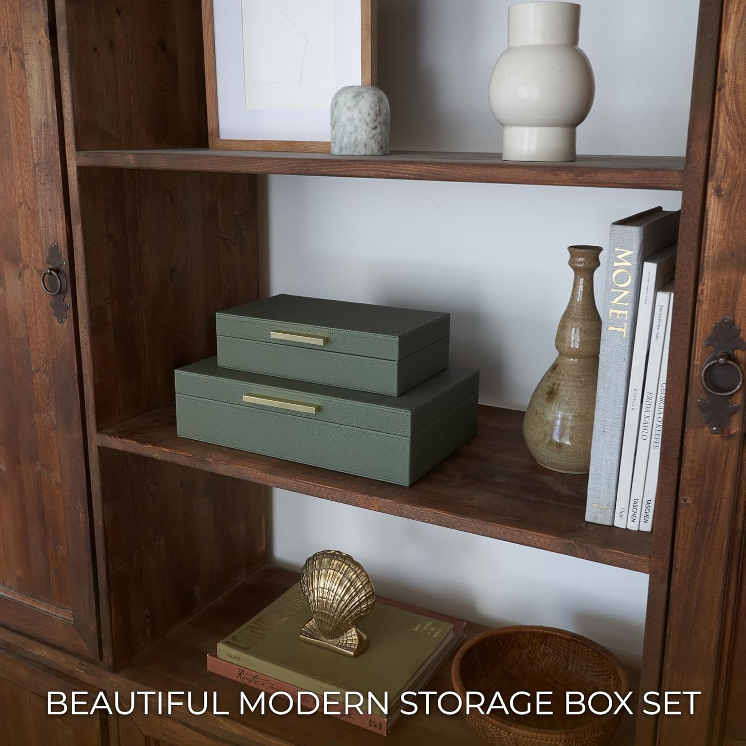 Decorative Storage Boxes with Lids – Set of 2 Beautiful PU Leather Organizer Bins for Your Bookshelf Home Decor - Safely Store Photos, Documents and Memory Box Keepsakes in Style