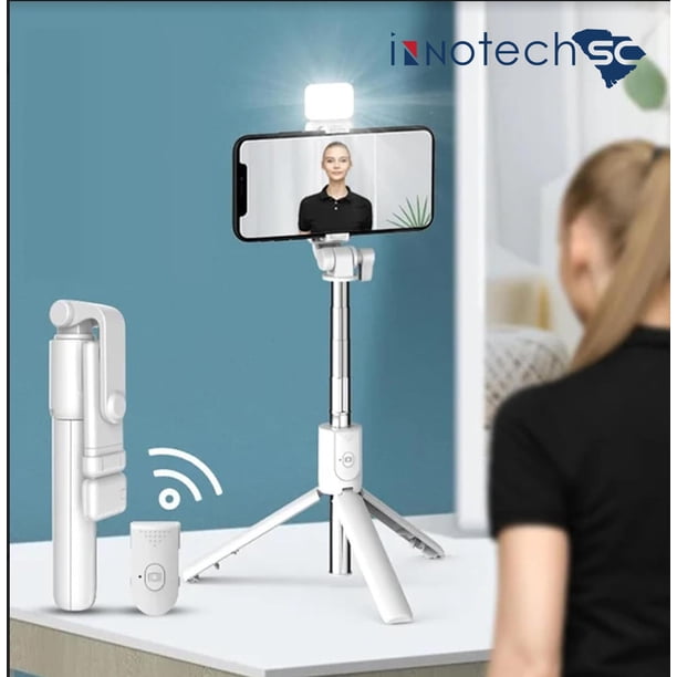 InnotechSC Trípode para Selfies con Luz, Palo para Selfies de 27'' con Control Remoto, Trípode Portátil para Teléfono Compatible con iPhone 15 Pro Max/15/14/13, Samsung Android