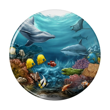 

Coral Reef Ocean Scene Dolphin Turtle Shark Stingray Fish Kitchen Refrigerator Locker Button Magnet