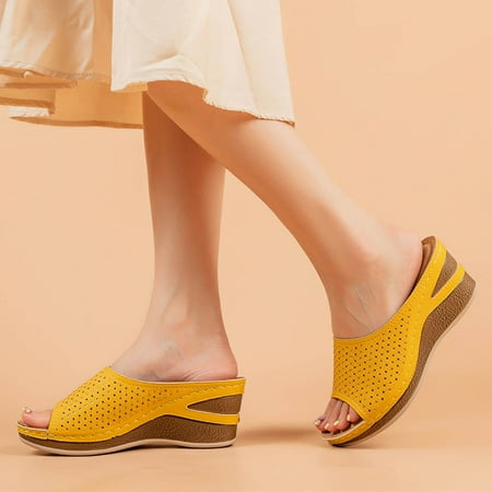 

TOWED22 Women s Sandals Women s Open Toe Cork Platform Sandals Ankle Strap Casual Flatform Wedge Sandals Yellow
