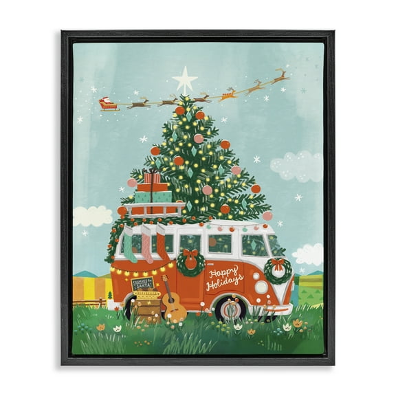 Stupell Industries Christmas Van Hangout Holiday Painting Black Floater Framed Canvas Art Prints Wall Art, 17 x 21