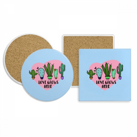 

Love Grows Here Cactus Coaster Cup Mug Holder Absorbent Stone Cork Base Set