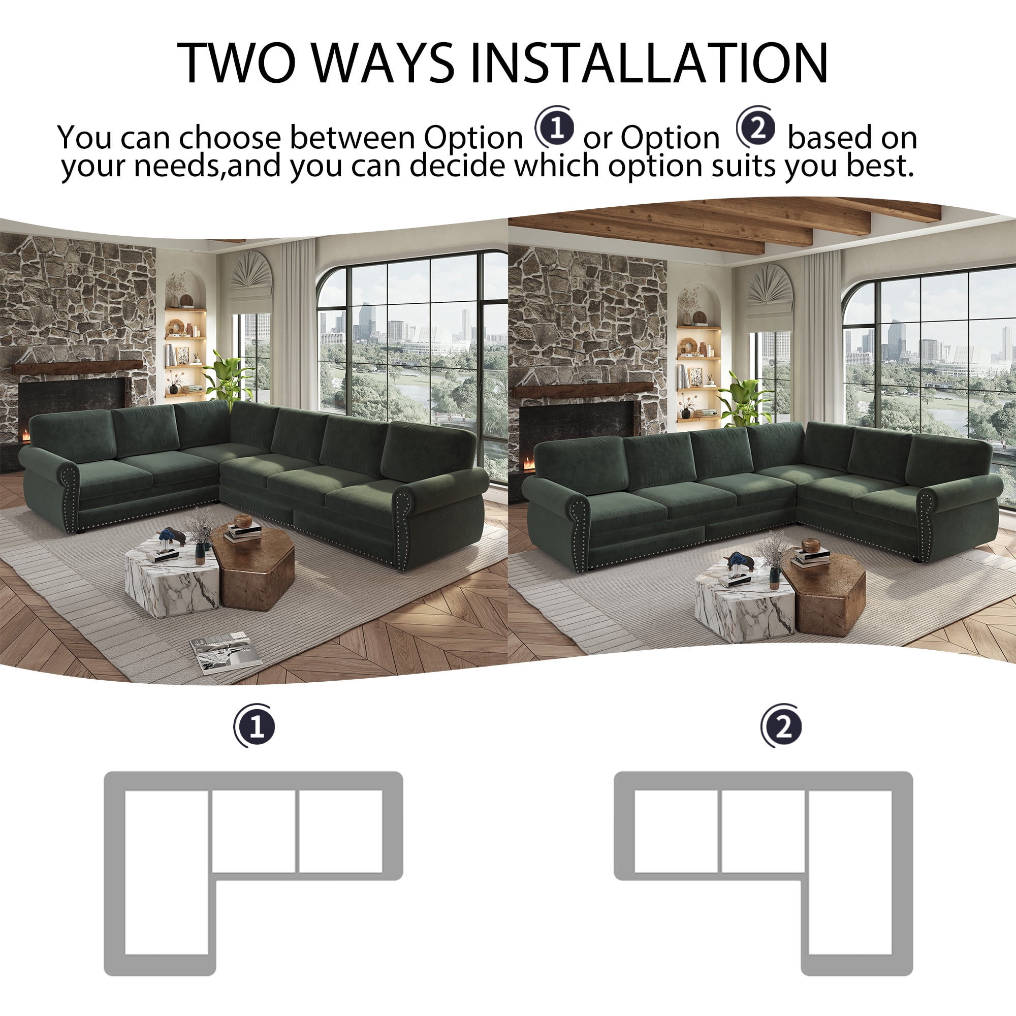 LLappuil Sectional Sofa, Pull Out Sofa Bed King Size, 6 Seat Chenille Sofa Couch Convertible Sleeper Sofa Bed for Living Room Green