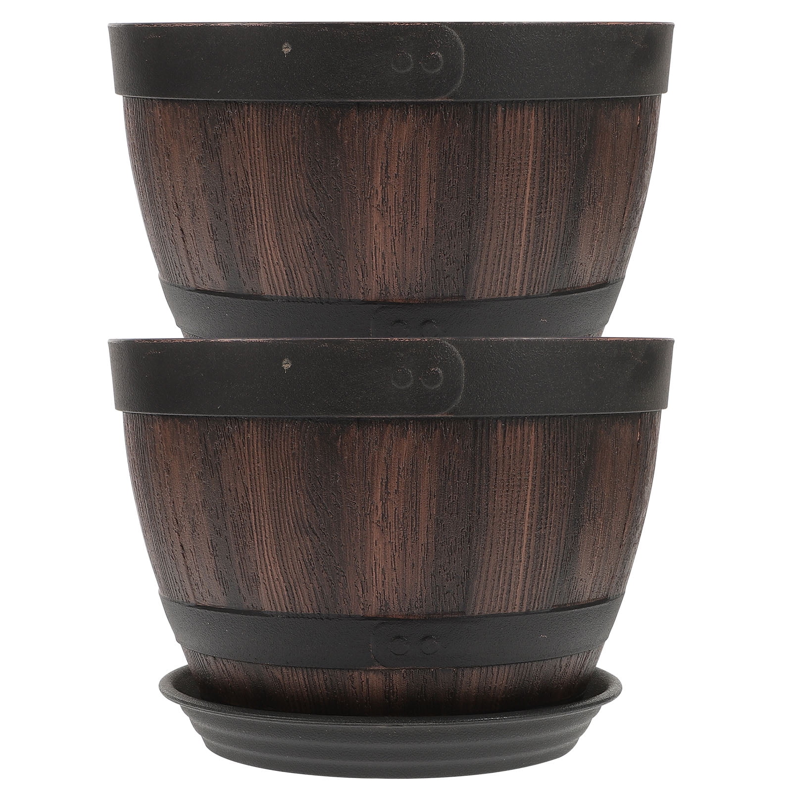 Huaqiet 2 Sets Imitation Wooden Planter Flower Pot Multi-functional Barrel with Saucers