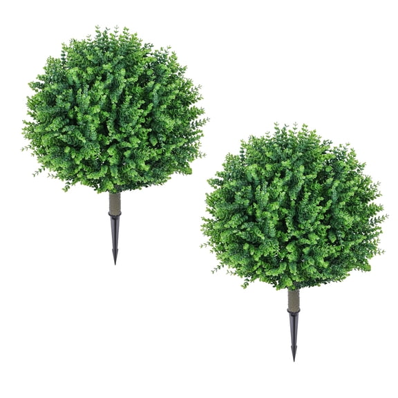 Resistant Artificial Topiary Ball Trees, 24" Fake Eucalyptus & Boxwood Shrubs with Ground Spike, Indoor Outdoor Faux Plants for Garden, Patio, Porch, Planter Decor,2pcs