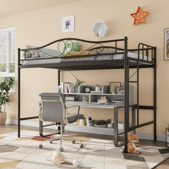Loft Bed Twin Size, Metal Twin Loft Bed with Ladder & Safety Guardrail, Space-Saving, Noise Free, No Box Spring Needed, Easy Assembly, 400 Lbs, Black