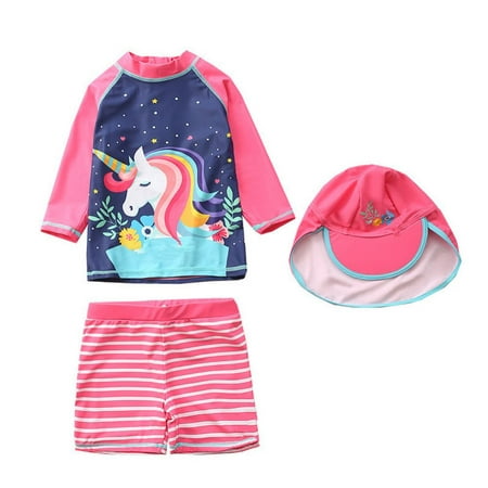 

Baby Toddler Girls Long Sleeve Swimsuit Kids Two Pieces Rash Guard Sunsuit with Hat UPF 50+ UV