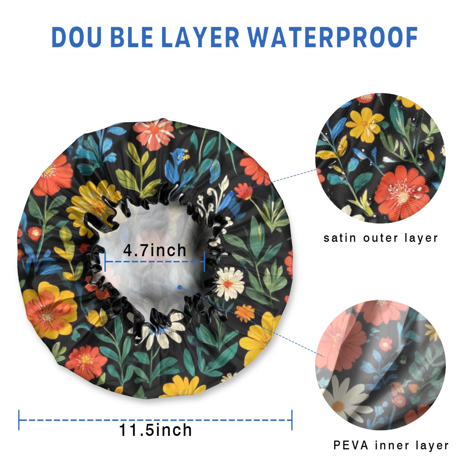 Shower Caps,Pioneer Flower Floral Print Pattern Waterproof Shower Cap for Women 4 Pieces,Double Reusable Hair Cover for Shower PEVA Elastic Stretch Hem