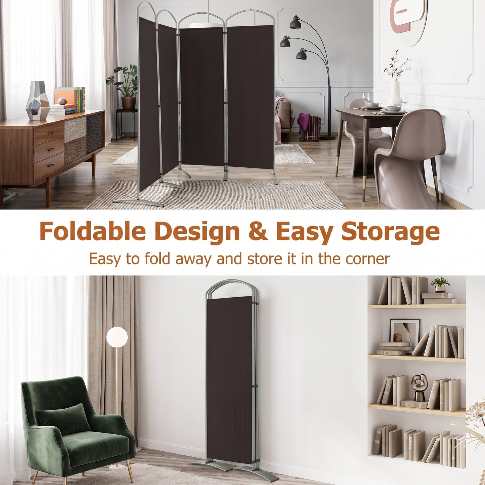 ALPULON 6.2Ft Folding 4-Panel Room Divider Freestanding Privacy Screen Partition for Home Office Living Room Bedroom, Polyester Fabric with Metal Base, Brown