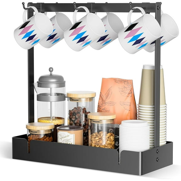 Coffee Mug Holder Organizer with Movable Hooks, Coffee Cup Holder for Countertop, Metal Coffee Mug Tree Stand with Storage Basket, Cups Mug Rack for K Cup Pod Coffee Bar Kitchen, Black