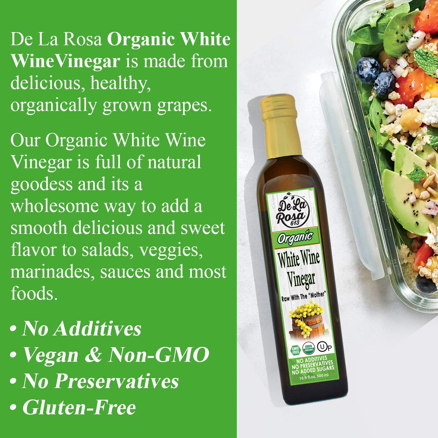 De La Rosa 613 Organic Red & White Wine Vinegar, 16.9 Oz, Pack of 2