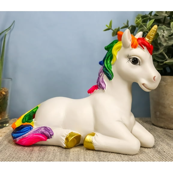 Beautiful Rainbow Mane Gold Horn Unicorn Mare Horse Sitting In Repose Figurine