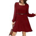 thumbnail image 6 of Ndbuld Womens Long Sleeve Fall Dresses Women's Casual Solid Color Lantern Sleeve Pocket Knitted Striped Dress,Wine,L, 6 of 7