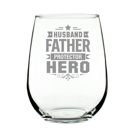 

Husband Father Protector Hero Stemless Wine Glass 17oz Hand Engraved Etched Glass Gift Perfect for Dad Fathers Day Birthday