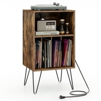 Topbuy Home Record Player Stand w/ 3-Tier Vinyl Record Storage Cabinet Turntable Stand w/ Charging Station Open Shelf & 4 Dividers Rustic Brown