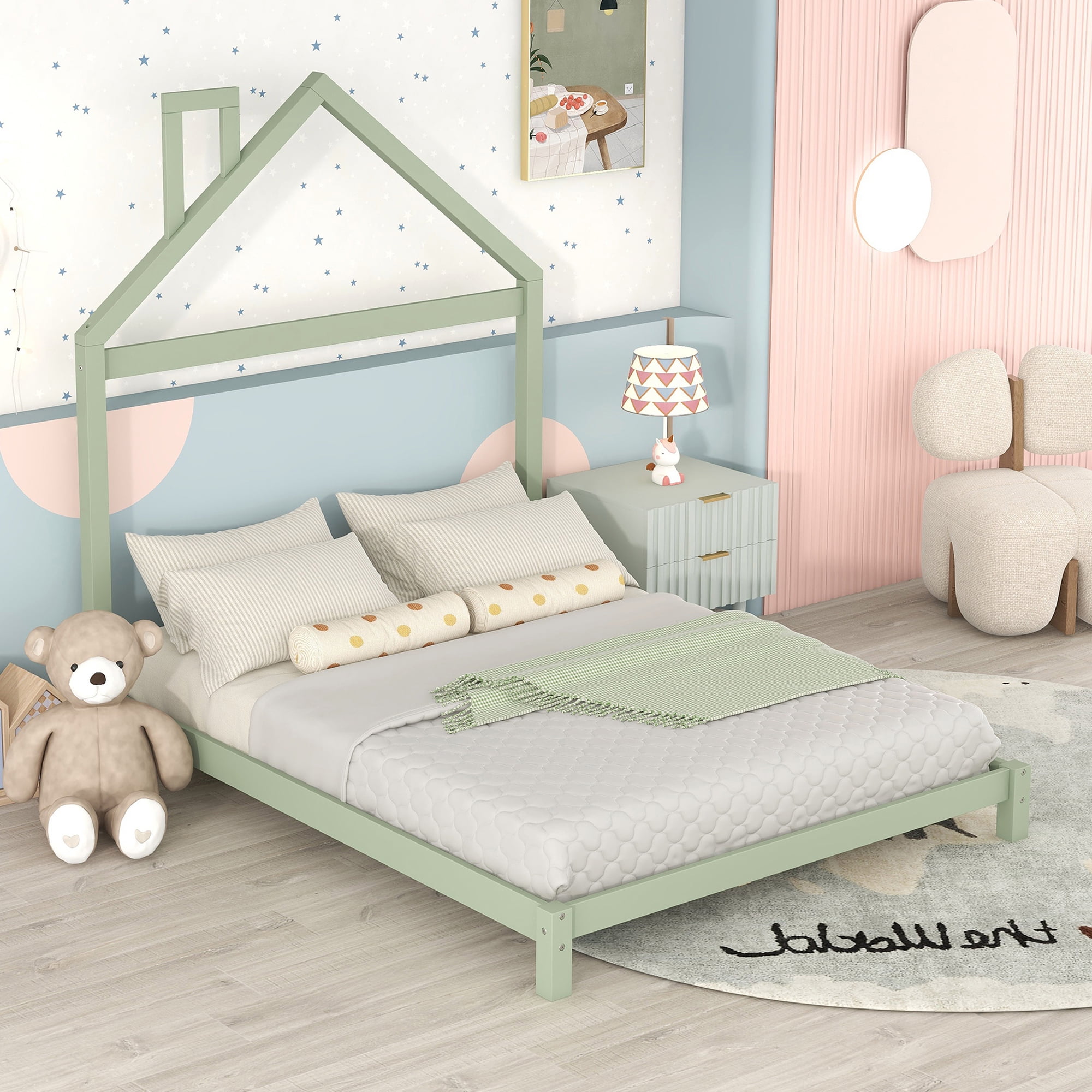 Bellemave Full Size Kids Bed Frame with HouseShaped Headboard, Solid