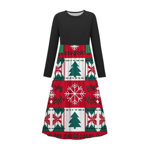 Vestido de manga larga con cuello redondo para niña, estampado navideño, manga larga, cuello redondo, bolsillos, falda larga informal para adultos, vestido de poliéster para niña.