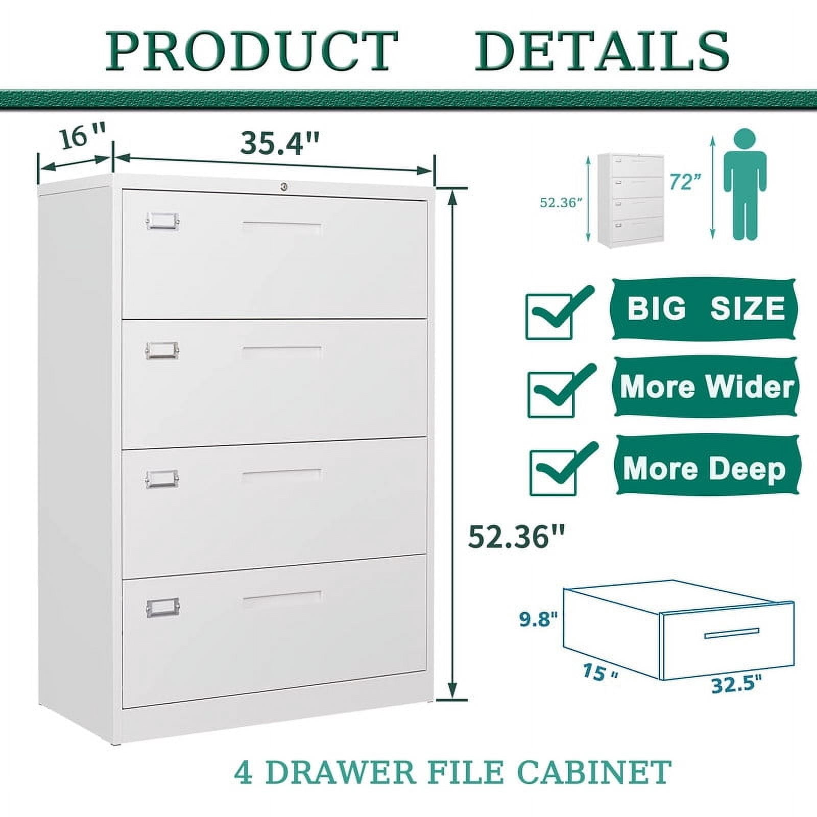 MIIIKO 4 Drawer Lateral File Cabinet with Lock, White Lateral Filing Cabinet for Legal/Letter A4 Size, Locking Wide File Cabinet for Home Office, Metal