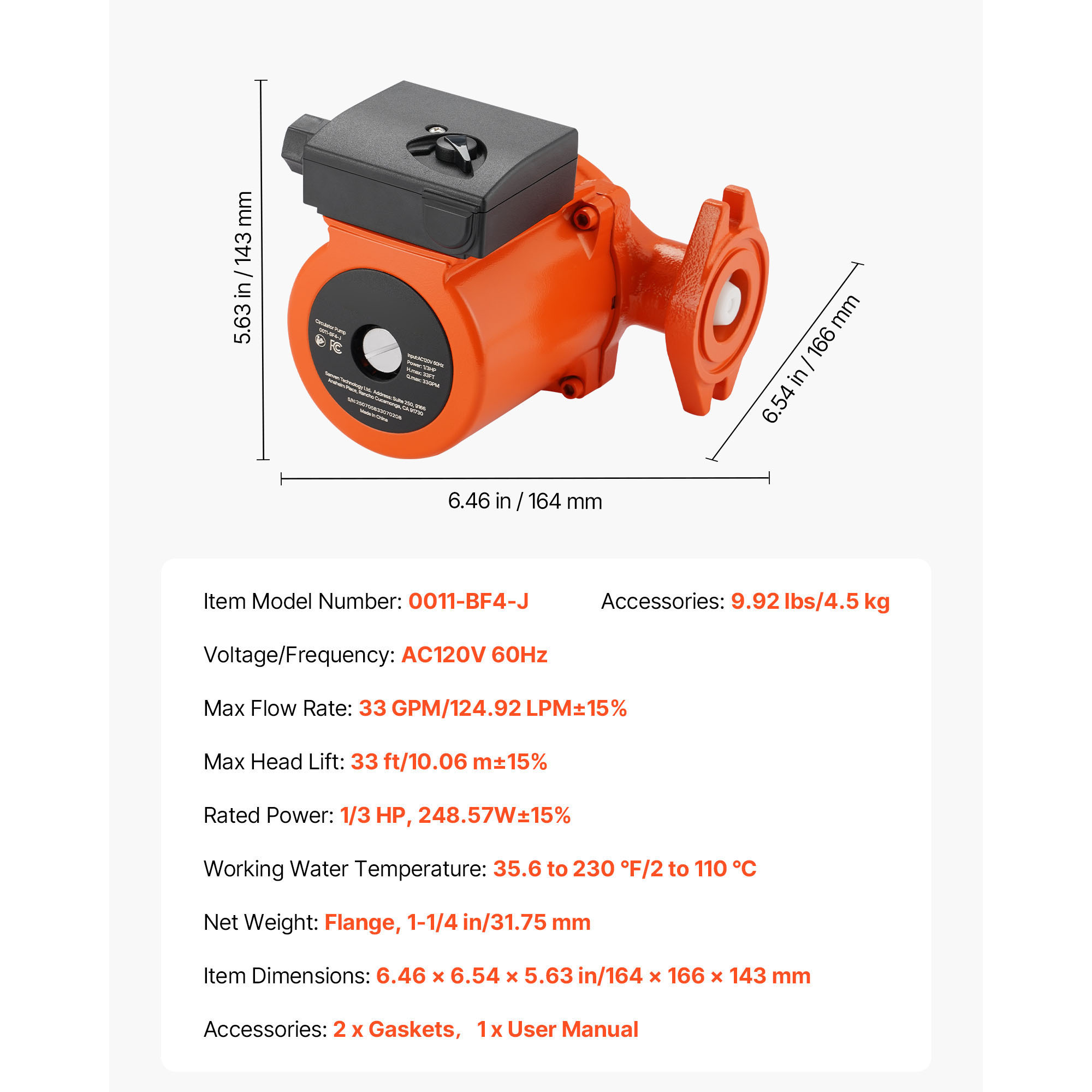 KFFKFF Cast Iron Circulator Pump, 33 GPM, AC 120V, 33 ft Hot Water Recirculation Pump, 1-1/4 in Flange Connection, 3-Speed Settings, Low-Noise Design, Suitable for Home Heating Systems