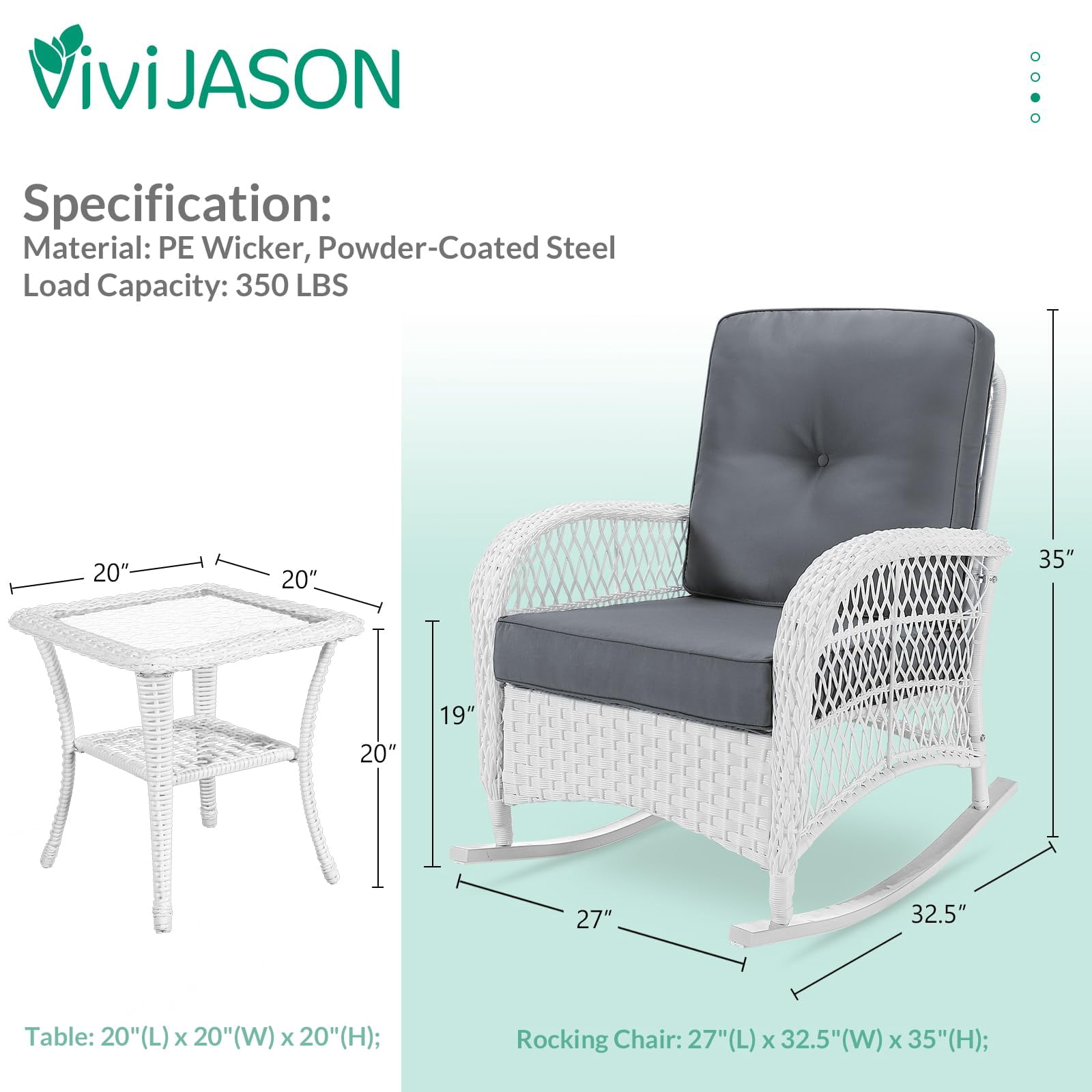 VIVIJASON 3-Piece Outdoor Conversation Bistro Set, Patio Wicker Rocking Chairs Rattan Furniture Sets w/ 2 Rattan Chairs, Cushions, Glass Top Side Table for Garden Porch Backyard (White Wicker/Grey)